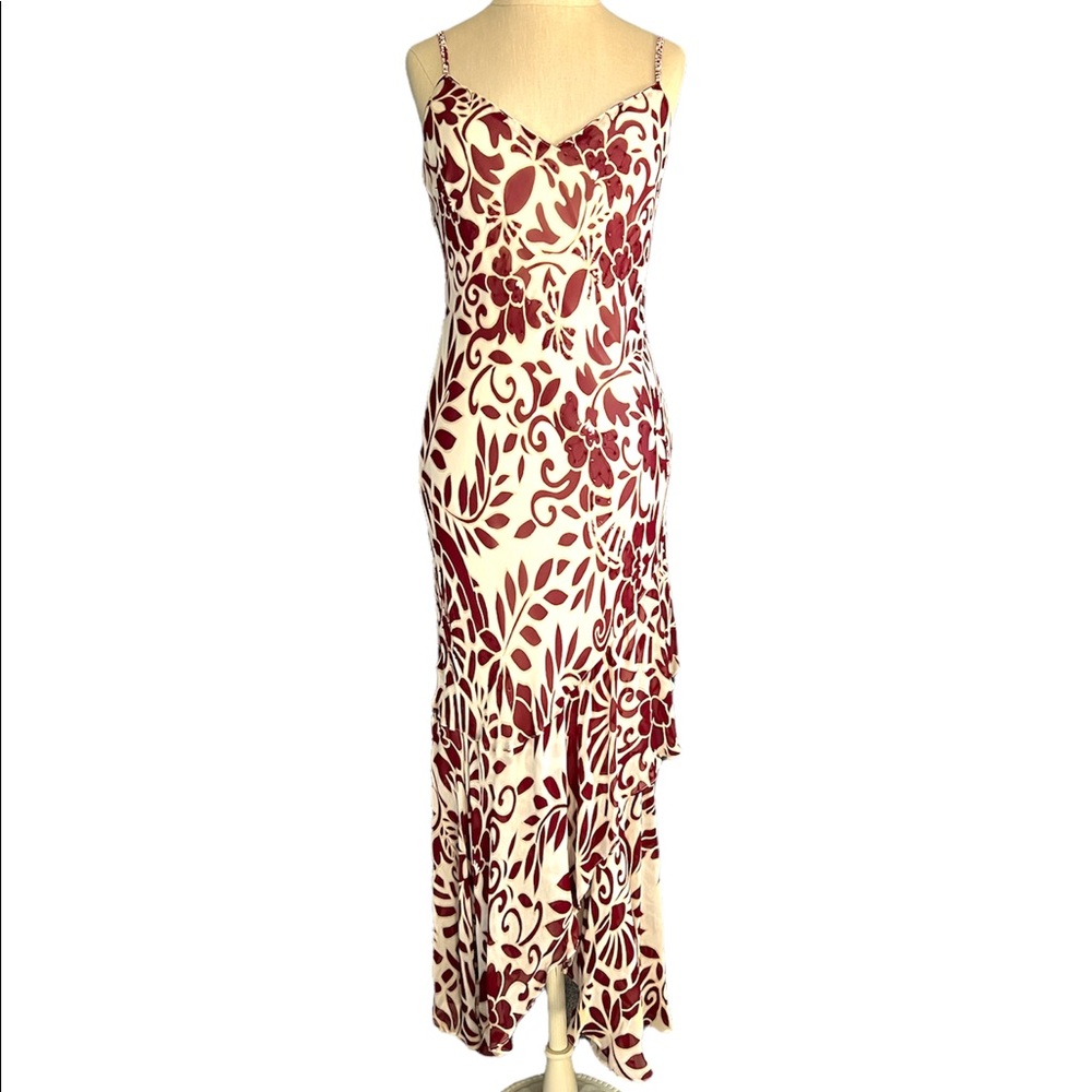 90s Vintage Eva Blue Bodycon Maxi Slip Dress- Red Flowers, Beaded, Ruffle Trim 6